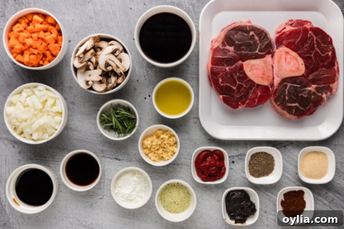 Collection of fresh ingredients for Instant Pot Beef Shanks, including beef, vegetables, herbs, and spices.