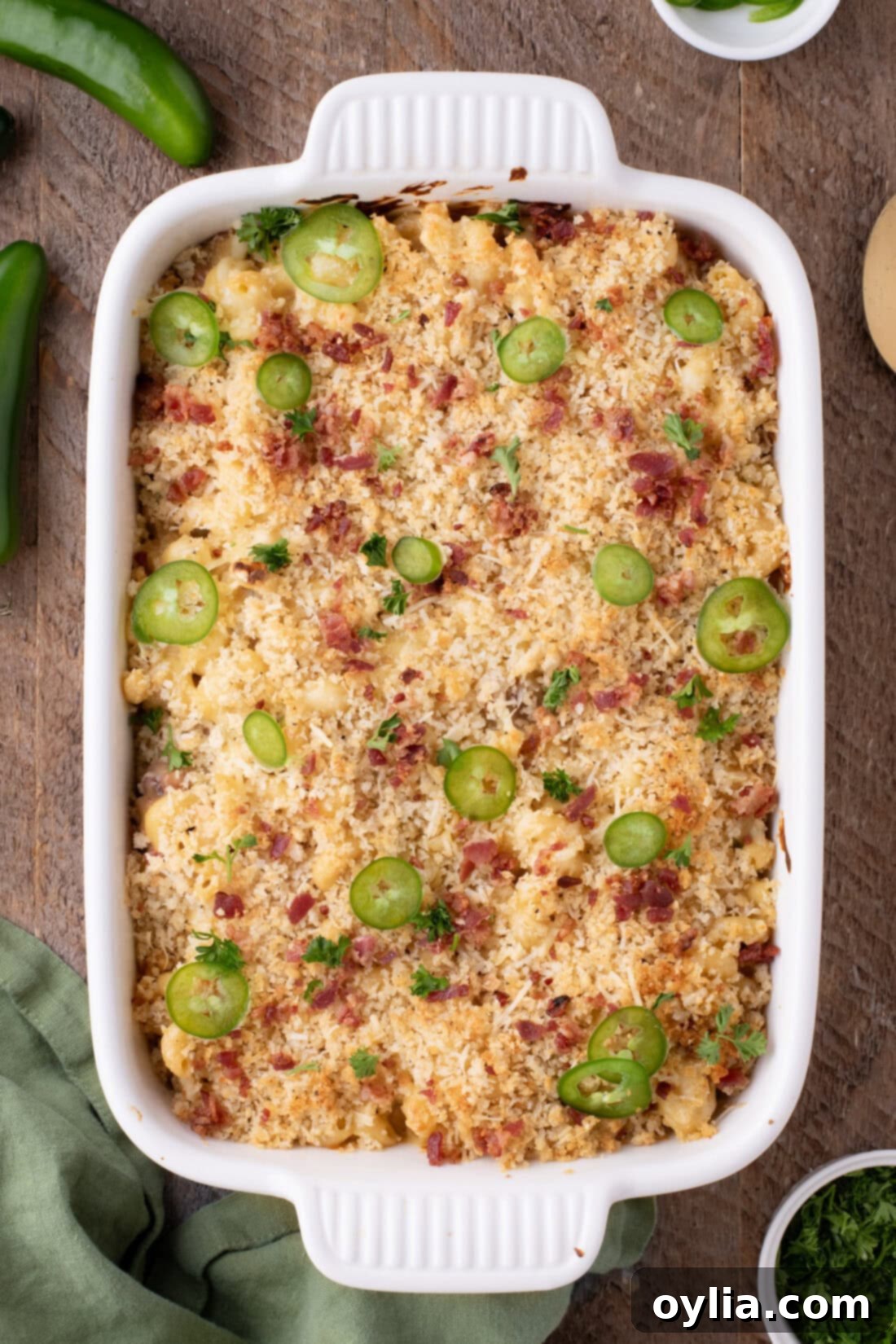 Baking dish of Jalapeno Popper Mac and Cheese