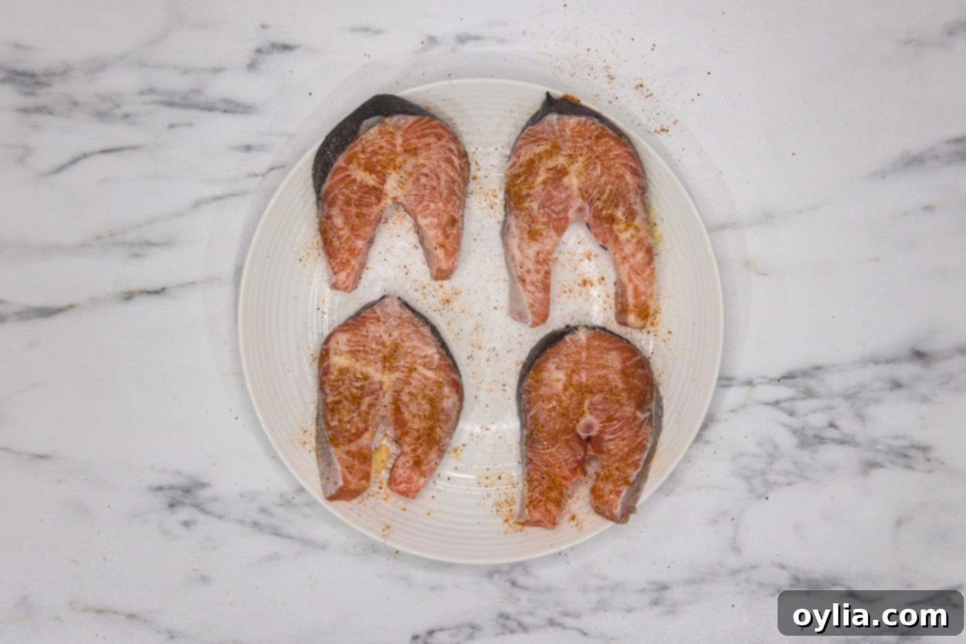 seasoned salmon steaks on a plate