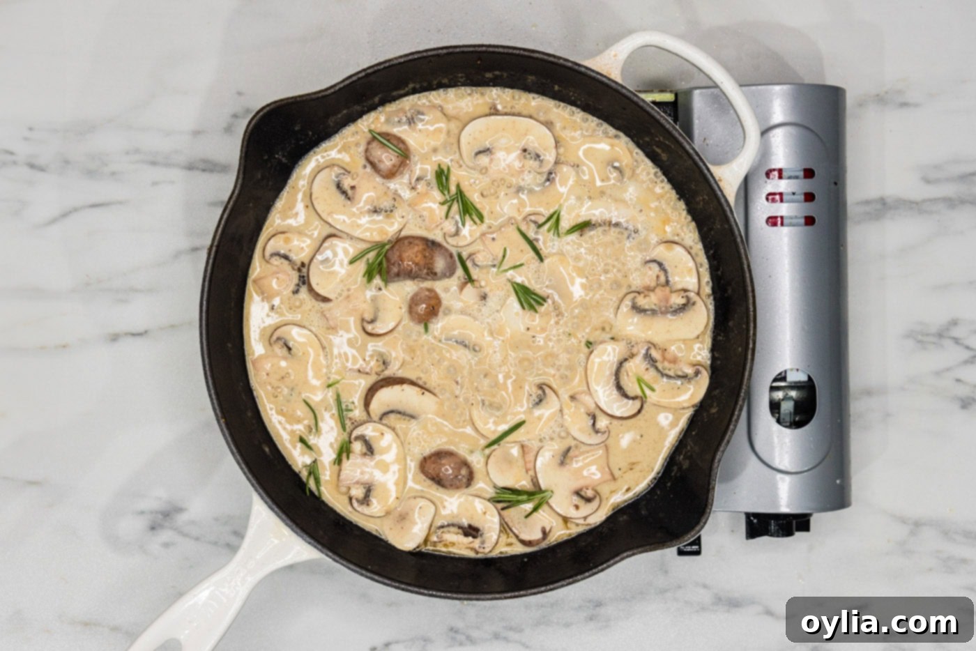 creamy scallopini sauce in a skillet with mushrooms