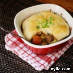 A close up photo of a half eaten beef stew biscuit pot pie resting on a red and white napkin, showcasing the tender beef and golden biscuit crust.