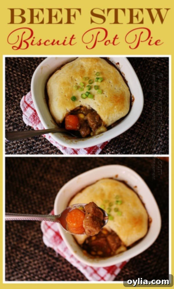Beef Stew Biscuit Pot Pie - A wide shot of the pot pies in individual ramekins, ready for baking.