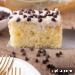 Close up photo of a slice of Cannoli Poke Cake on a spatula