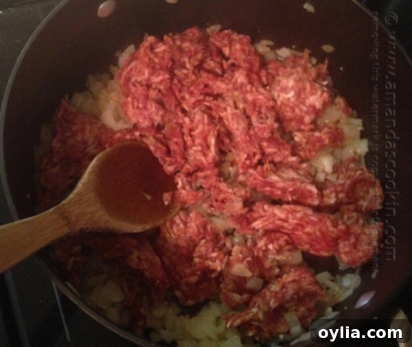 Browning bulk sweet Italian sausage in a pot until no longer pink