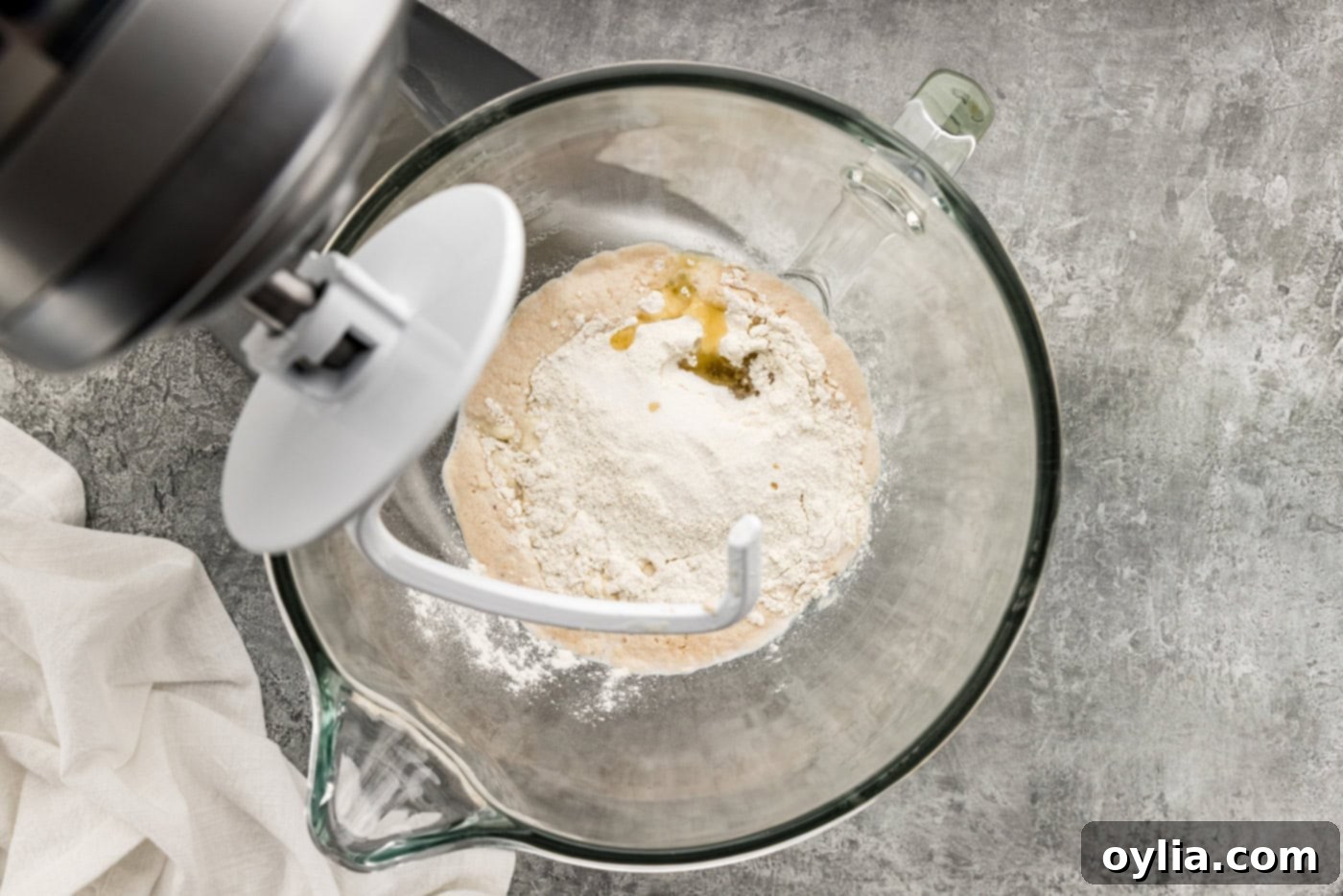 dough ingredients in a bowl with a dough hook