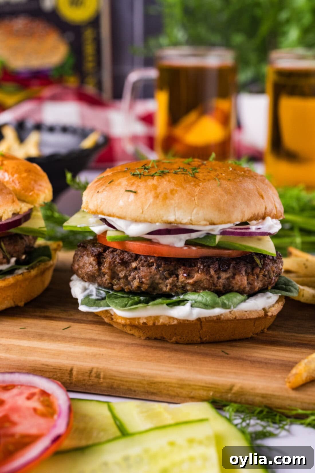 Gourmet Lamb Burgers 3 Lamb Burger on a wooden board