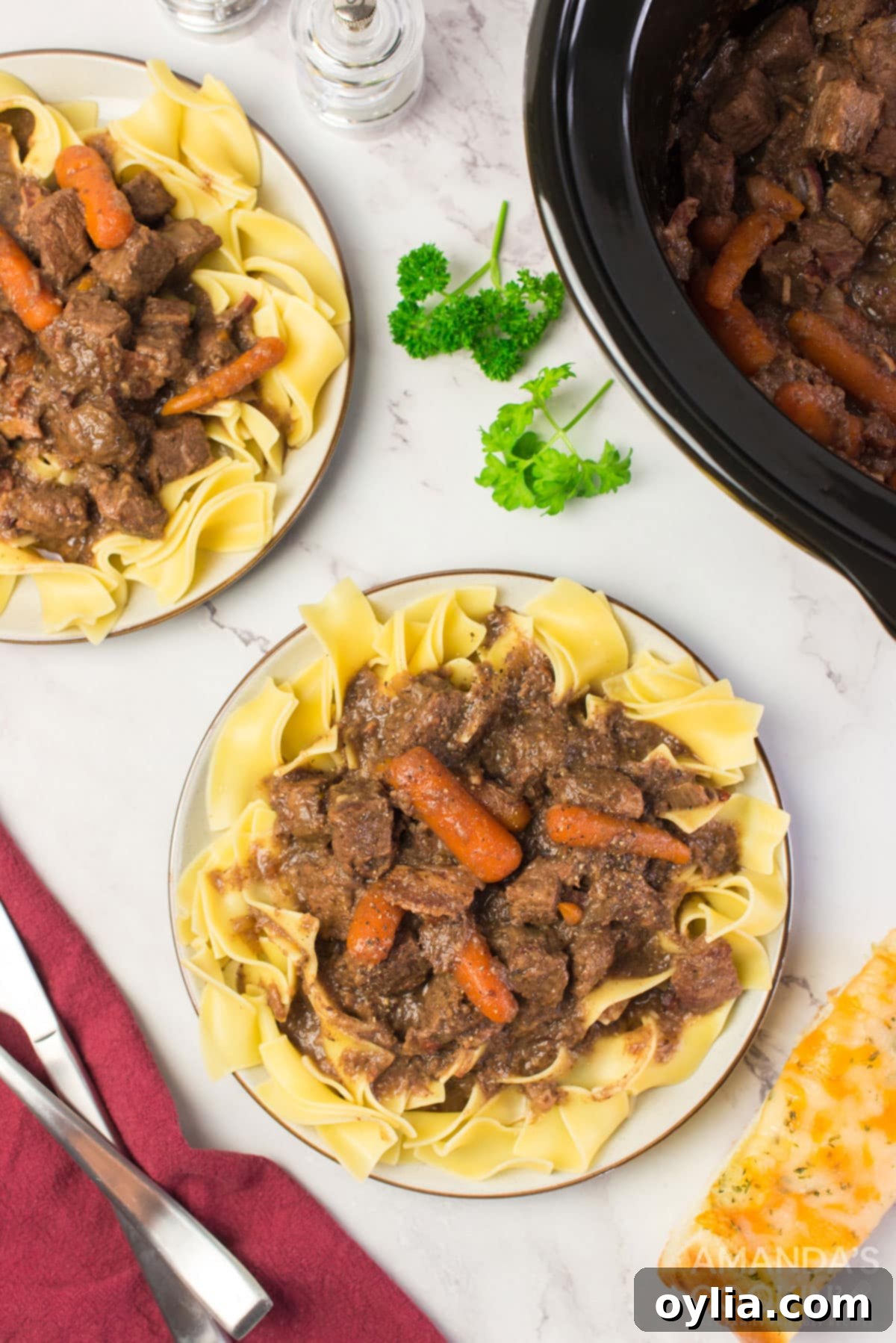 two plates of beef burgundy