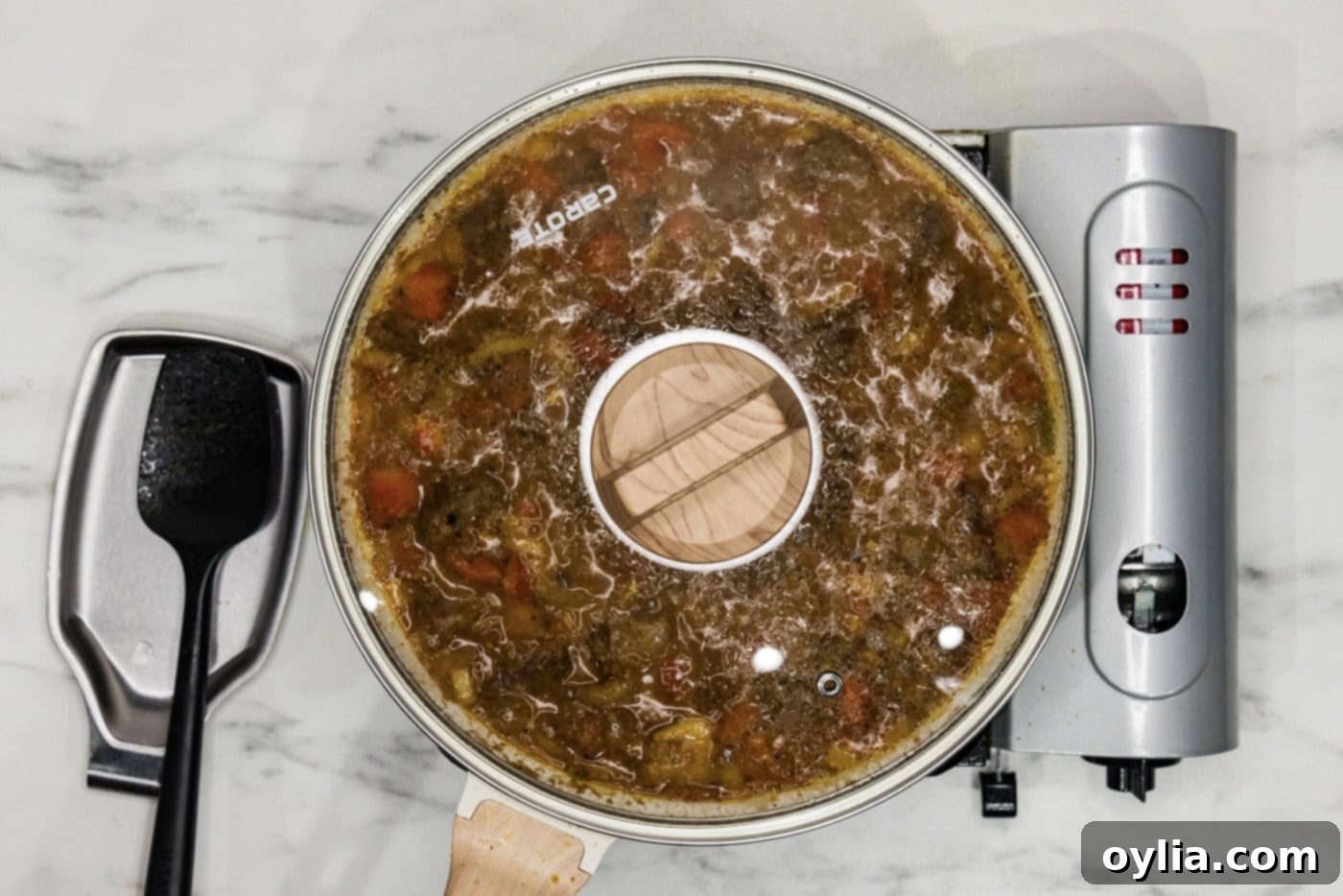 beef curry in a skillet with a lid