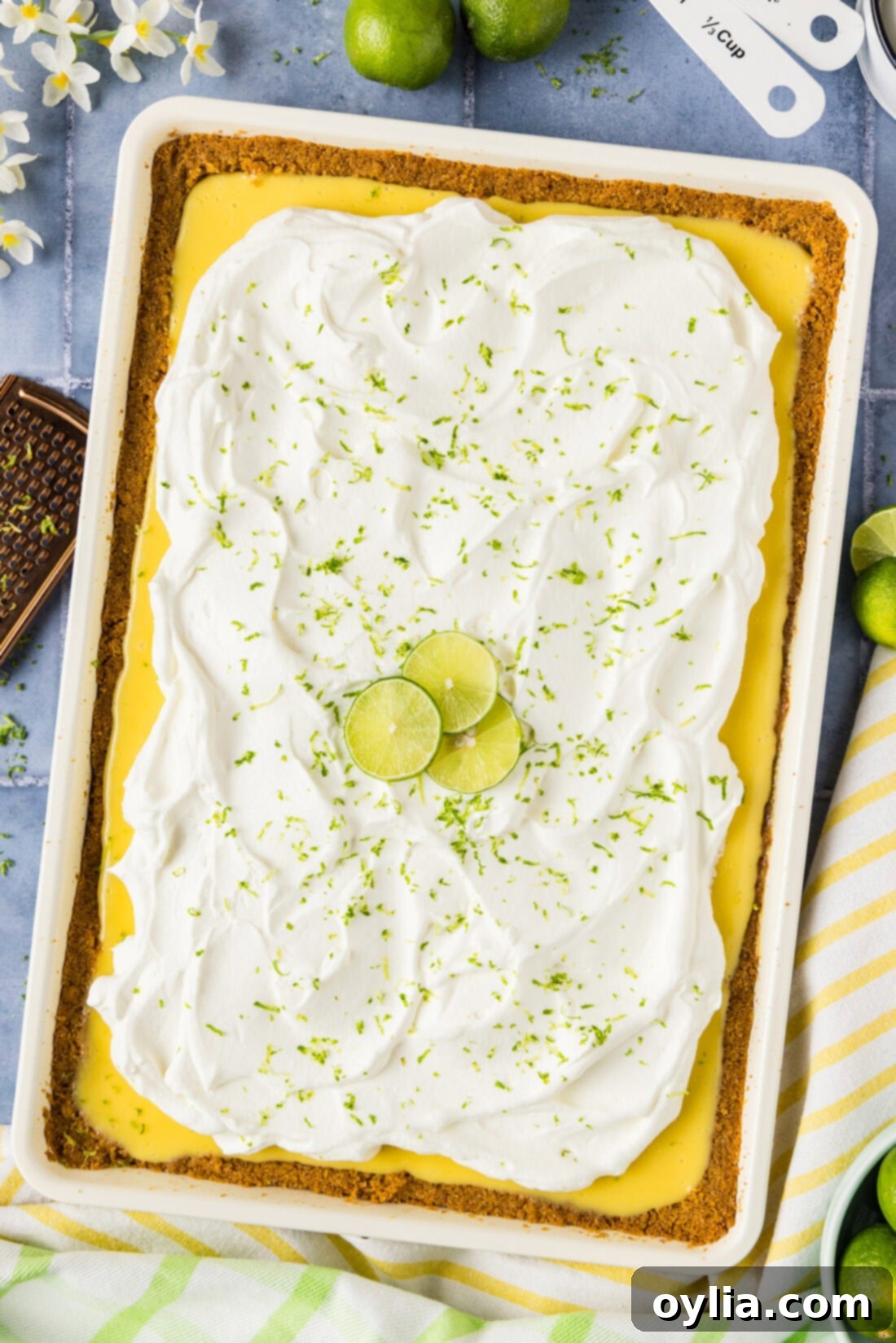 Overhead photo of a Key Lime Slab Pie, showcasing its vibrant green filling and fluffy white topping