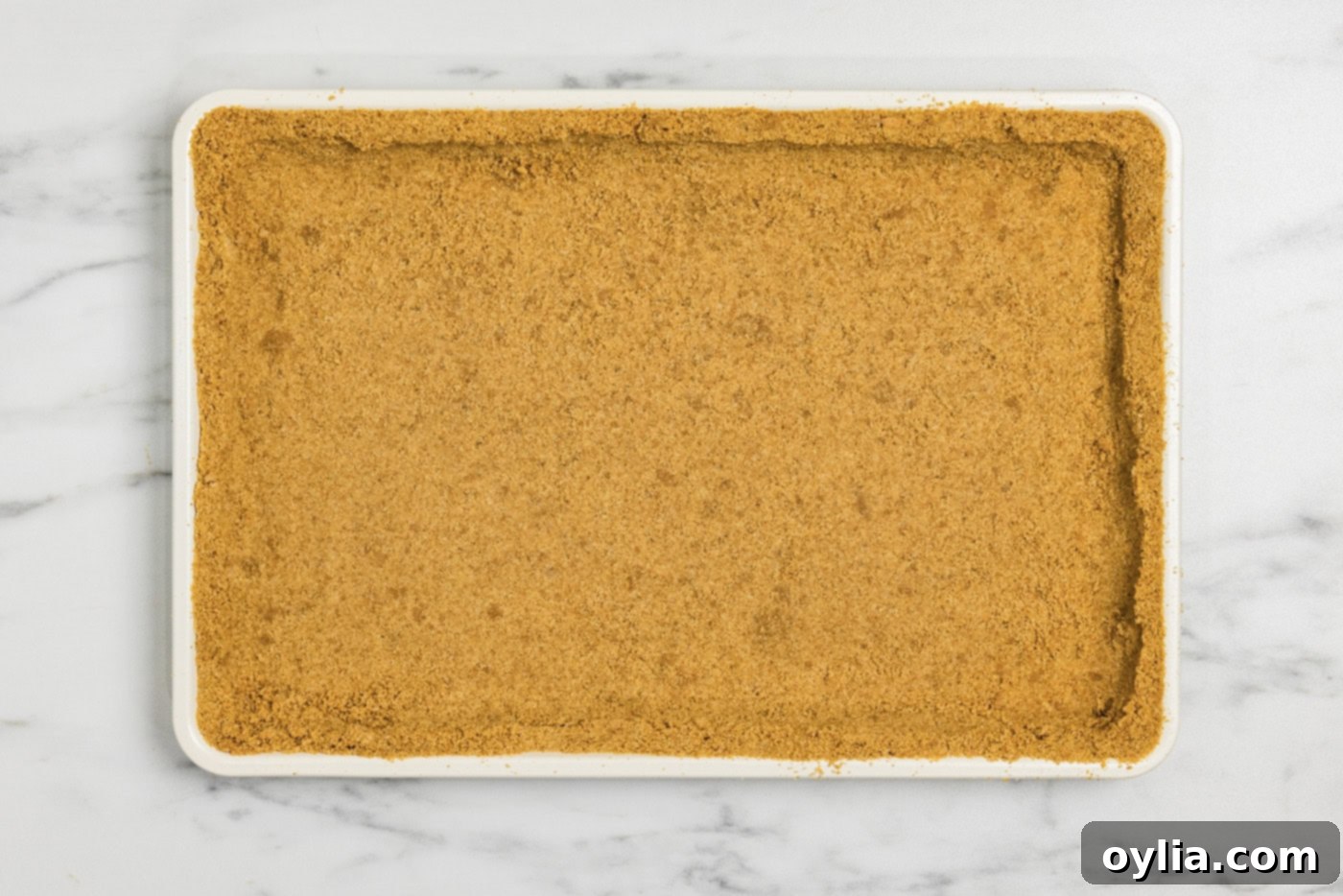 The graham cracker crust neatly lined and pressed into the baking pan, ready for baking