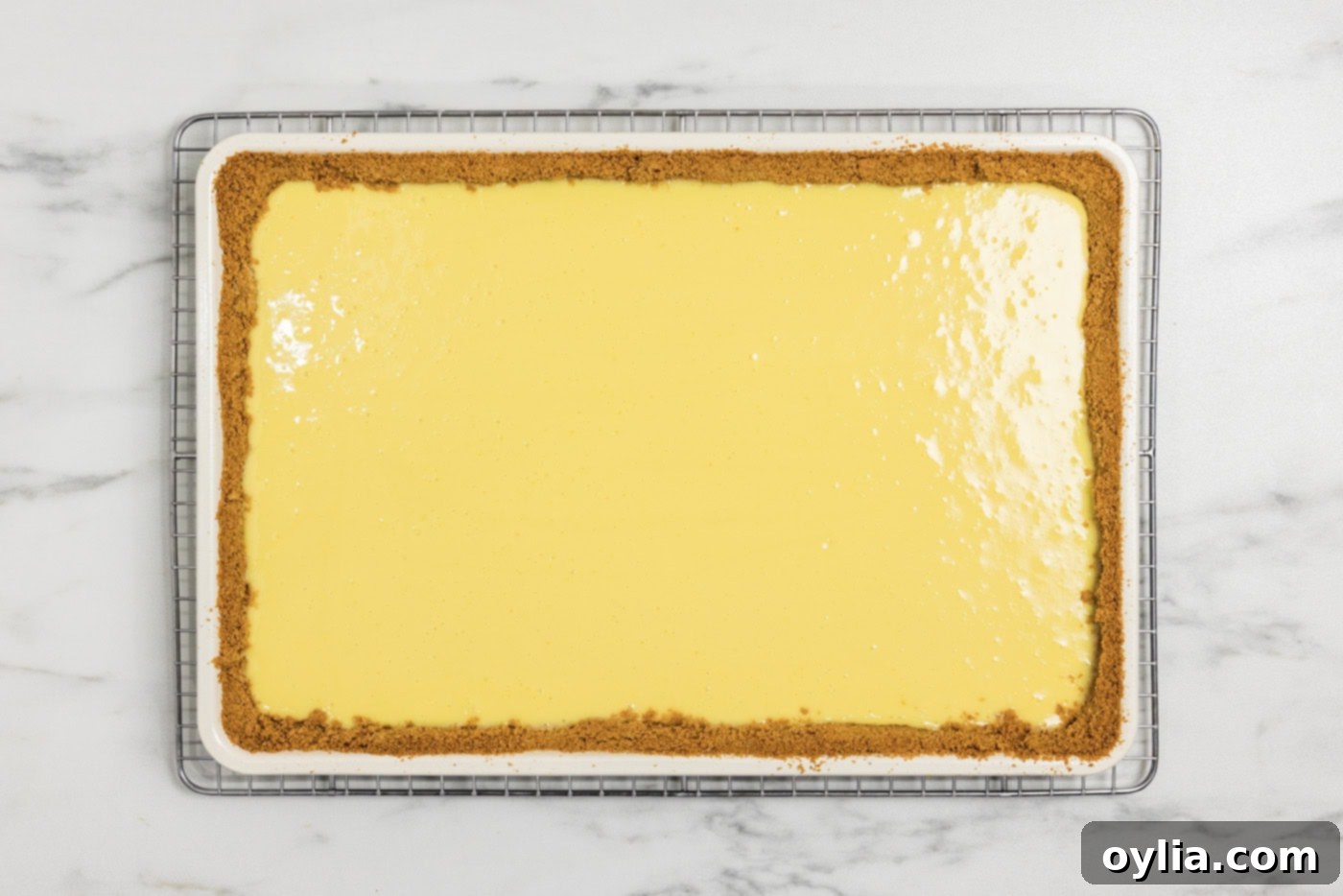 An overhead view of the baked key lime slab pie in its pan, showing the perfectly set filling