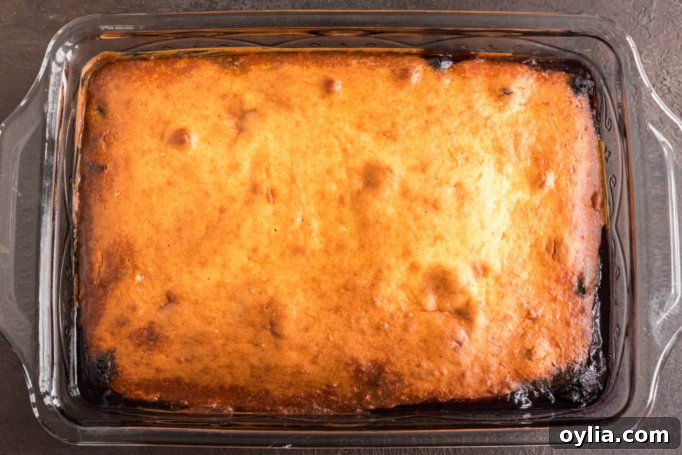 A freshly baked blueberry upside down cake, golden brown and bubbling, just out of the oven