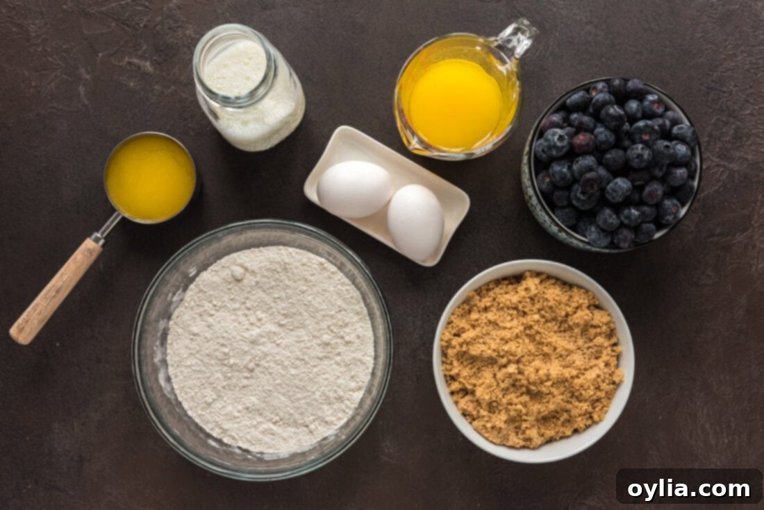 All ingredients laid out for making the Easy Blueberry Upside Down Cake: cake mix, blueberries, brown sugar, and butter