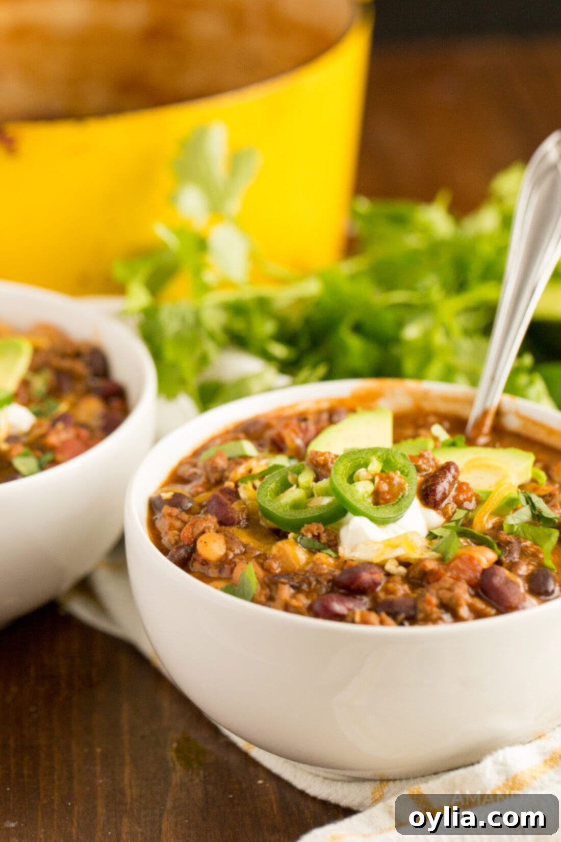 Two rustic bowls filled with hearty 3 bean chili, garnished with shredded cheese and fresh green onions, ready to be enjoyed.