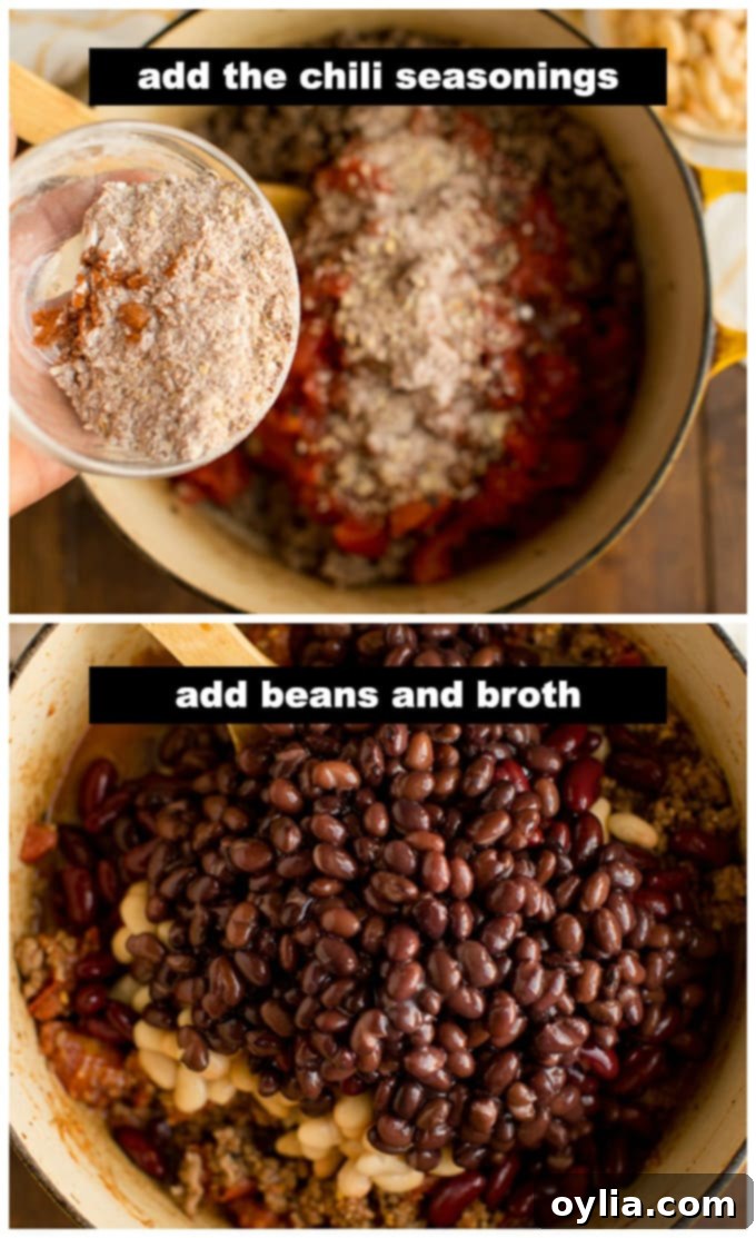 Adding homemade chili seasoning and a variety of canned beans into a pot with browned ground beef and fire-roasted tomatoes.