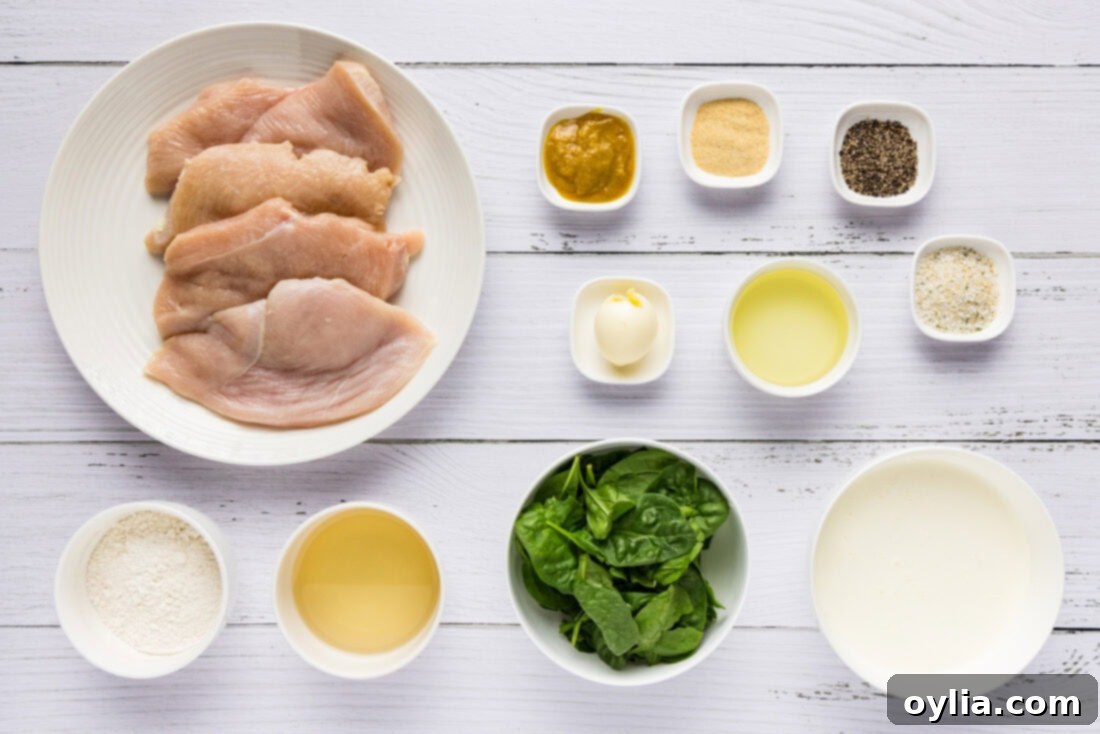 A flat lay of fresh ingredients for Chicken Florentine, including chicken breasts, spinach, cream, wine, and seasonings