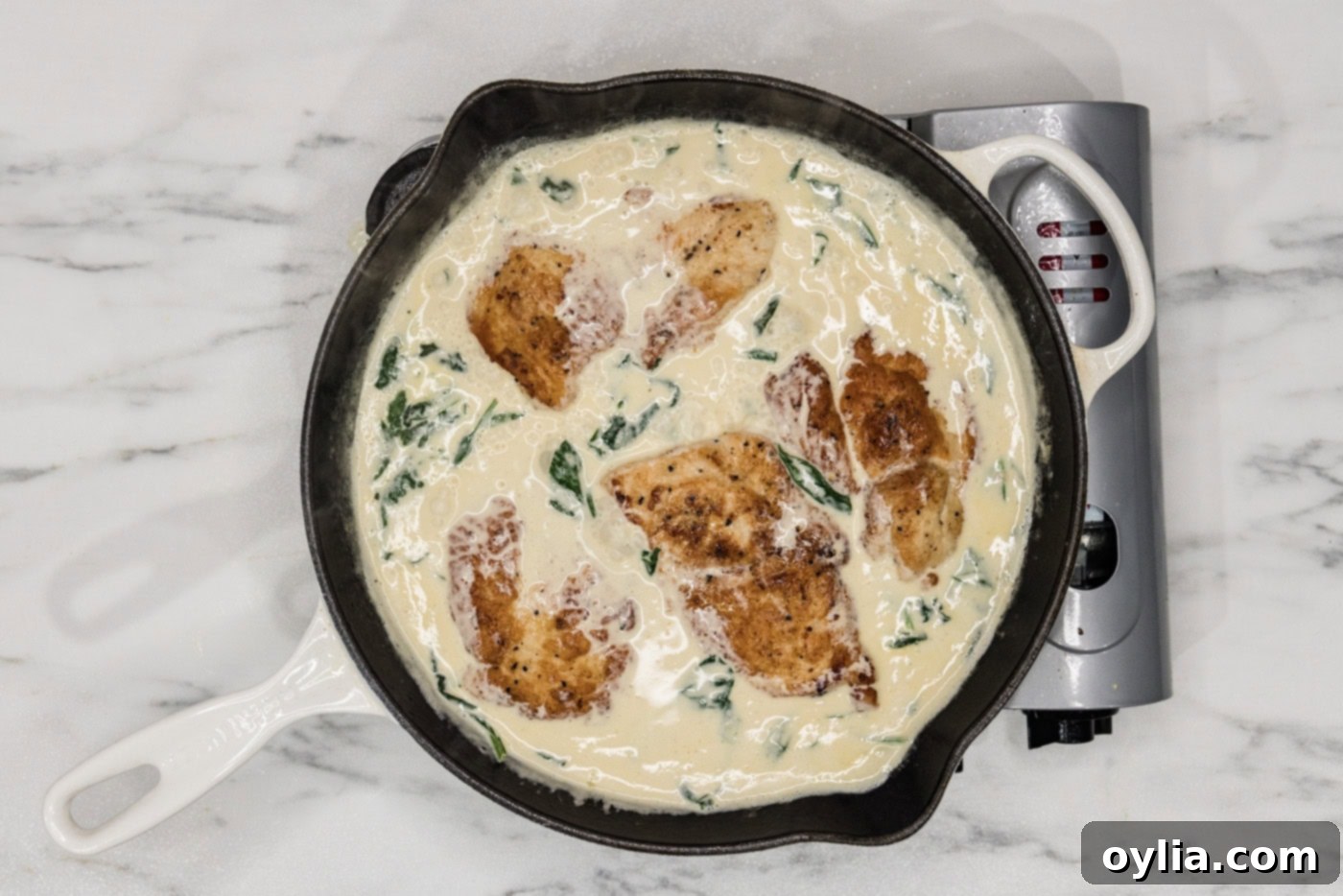 finished Chicken Florentine dish with golden chicken cutlets covered in creamy spinach sauce in a cast iron skillet