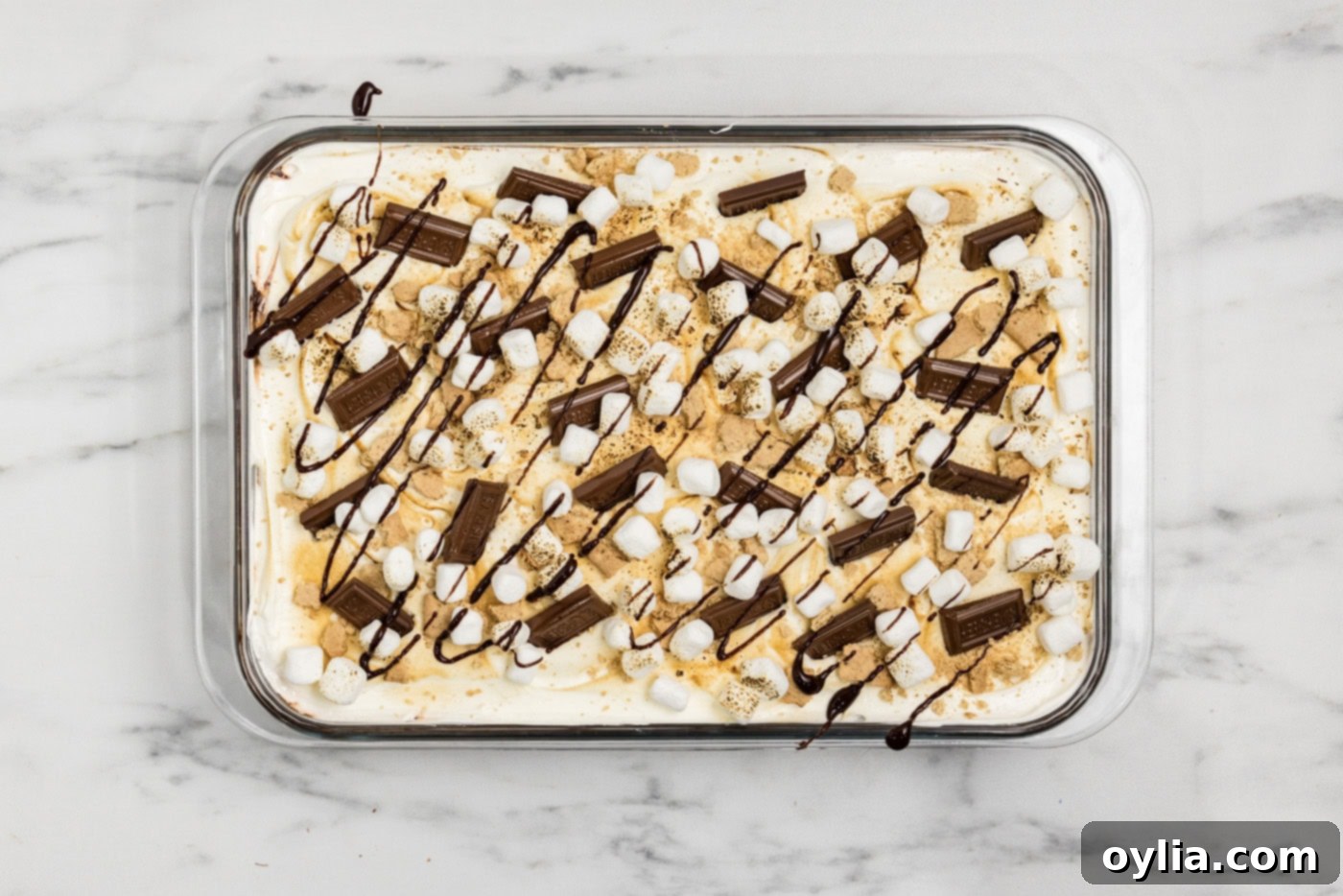 overhead shot of smores lasagna with chocolate bars and mini marshmallow garnish