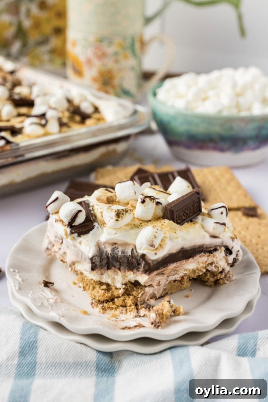 Ultimate S'mores Lasagna 12 Slice of S'mores Lasagna on a white plate, showcasing the various layers and toasted marshmallow topping