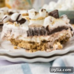 Ultimate S'mores Lasagna 13 Close up photo of a slice of S'mores Lasagna on a plate, showing the creamy, chocolatey layers and toasted marshmallow topping