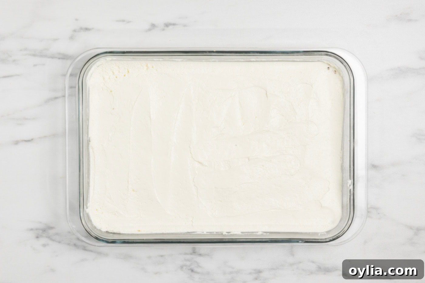 cheesecake layer spread smoothly over the graham cracker crust in a baking dish