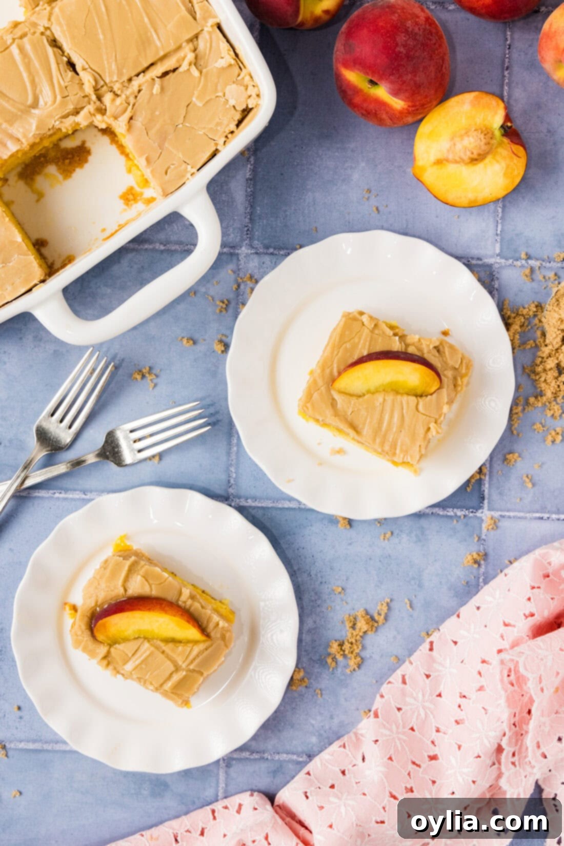 Slices of Brown Sugar Peach Cake on plates