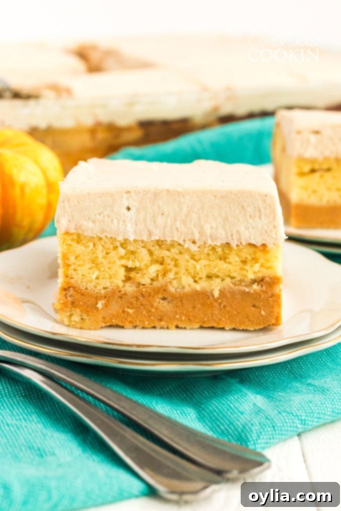 layered pumpkin magic cake on a plate