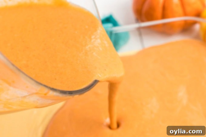 pouring pumpkin cake batter into pan