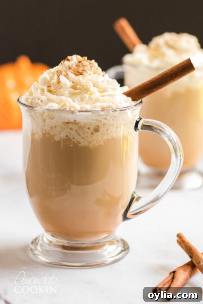 homemade pumpkin spice latte in a clear mug
