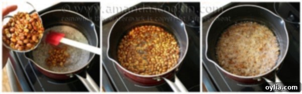 Peanuts being stirred into the boiling sugar mixture, step 2 of peanut brittle