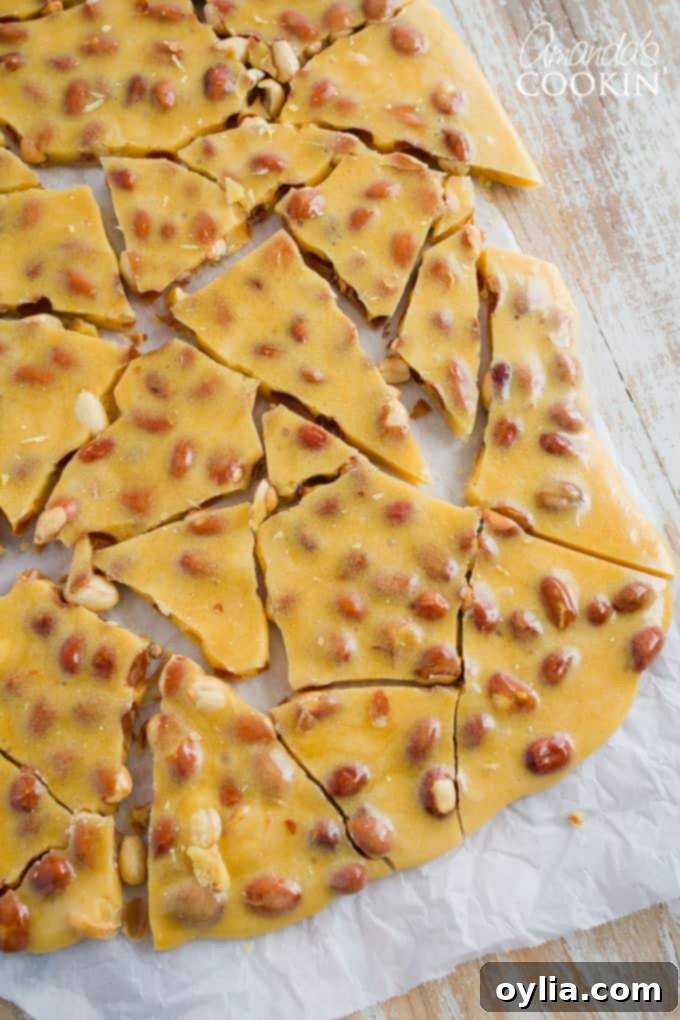 Close-up of golden homemade peanut brittle, glistening and ready to enjoy
