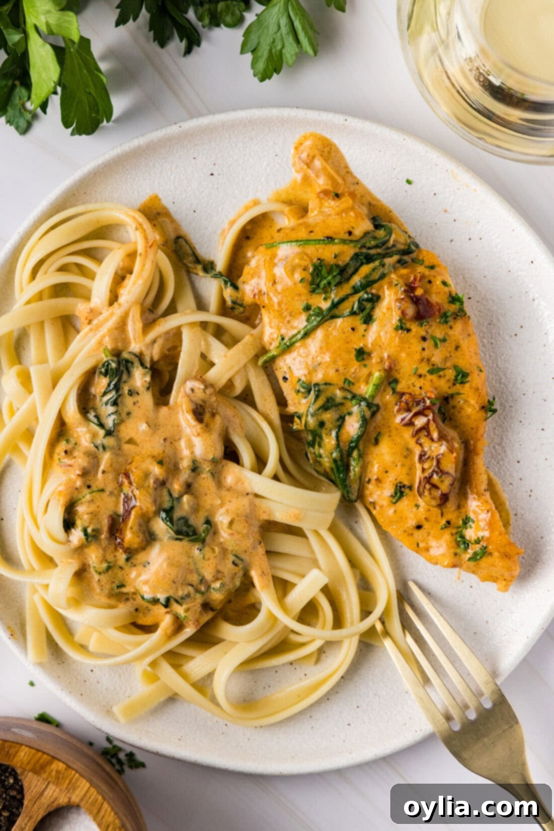 Creamy Tuscan Chicken 5 Tuscan Chicken on a plate with noodles