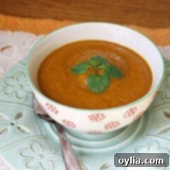 A close up photo of a bowl of pumpkin soup with a spoon on the side.