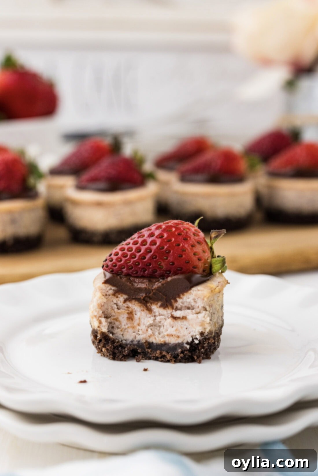 Mini Strawberry Cheesecake on a white plate