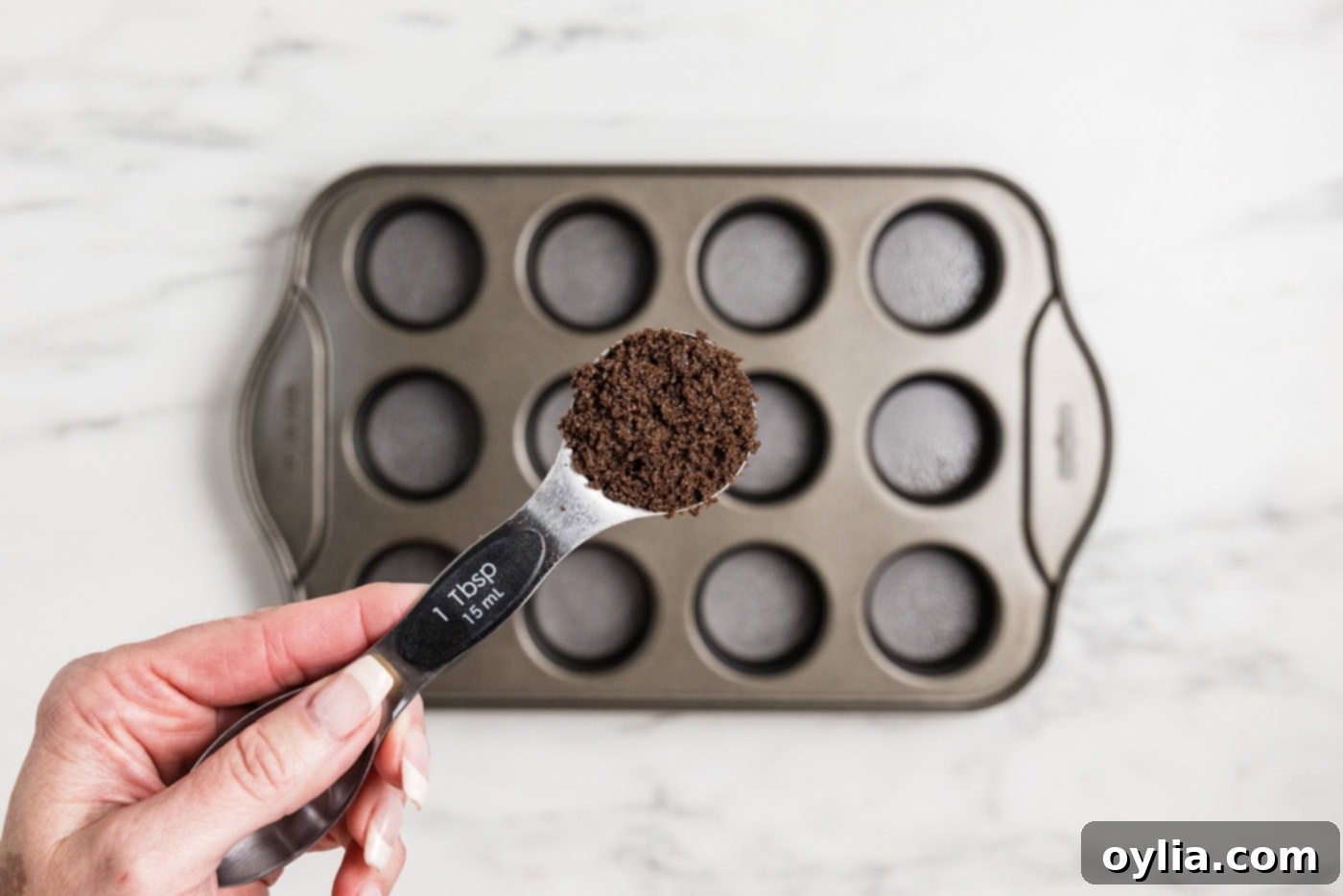 tablespoon of chocolate graham cracker crumbs over mini cheesecake pan