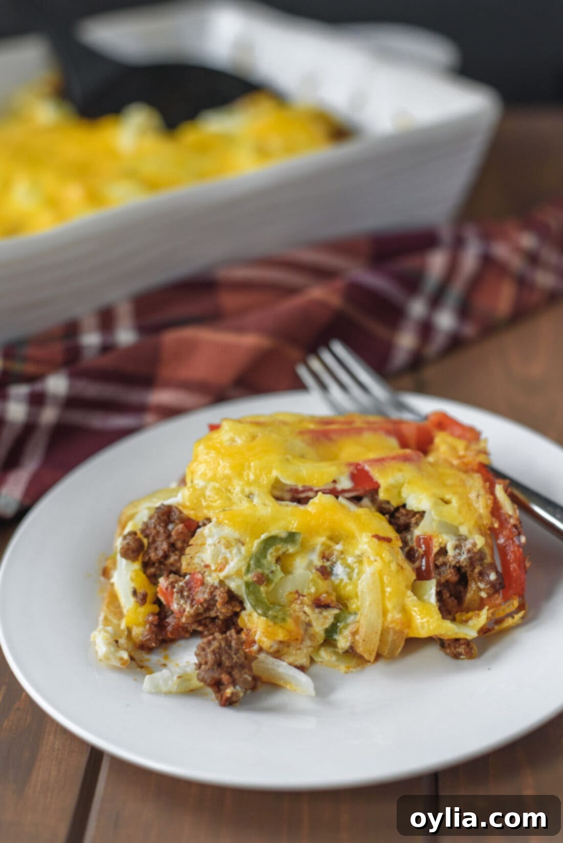 A close-up of a plate filled with John Wayne Casserole, showcasing the rich texture and colorful ingredients.