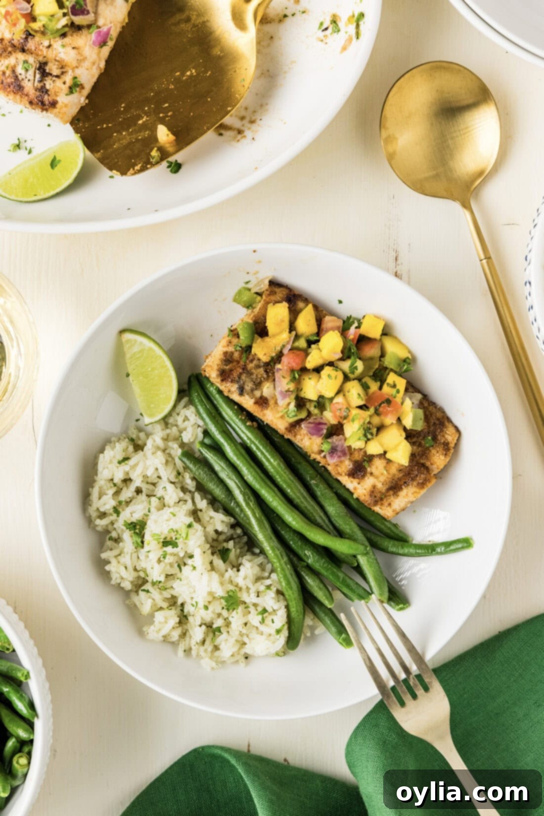 Mahi Mahi Grilled to Perfection 3 Grilled Mahi Mahi plated with cilantro rice and green beans