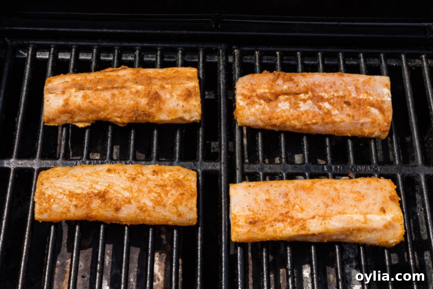 seasoned mahi mahi filets on a grill