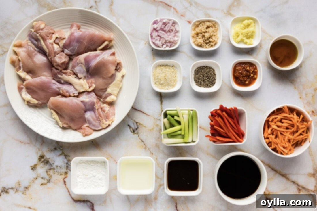 Spicy Szechuan Chicken 4 A flat lay photograph of all ingredients for Szechuan Chicken, neatly arranged on a cutting board.