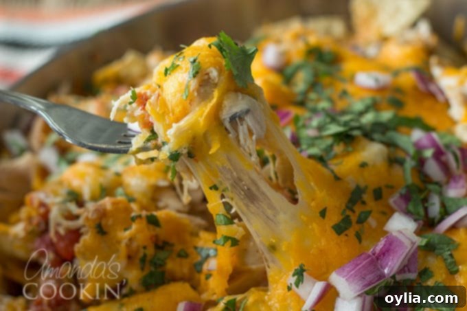A close up of a forkful of chicken nachos with a long cheese pull, highlighting the gooey texture.