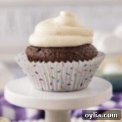 Close up photo of a cupcake topped with Marshmallow Frosting
