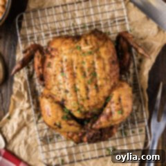 Close up photo of a Smoked Chicken resting on a wire rack