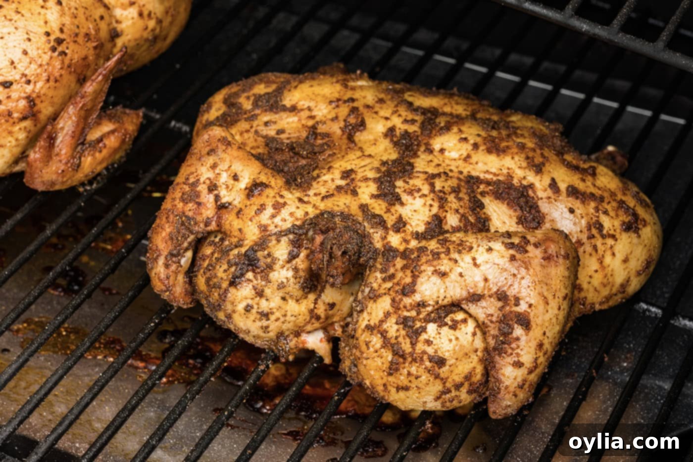 The spatchcock chicken resting on smoker grates, absorbing all the delicious smoky flavor.