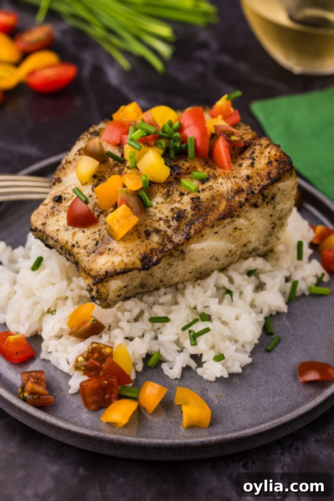 Grilled Chilean Sea Bass over a bed of white rice