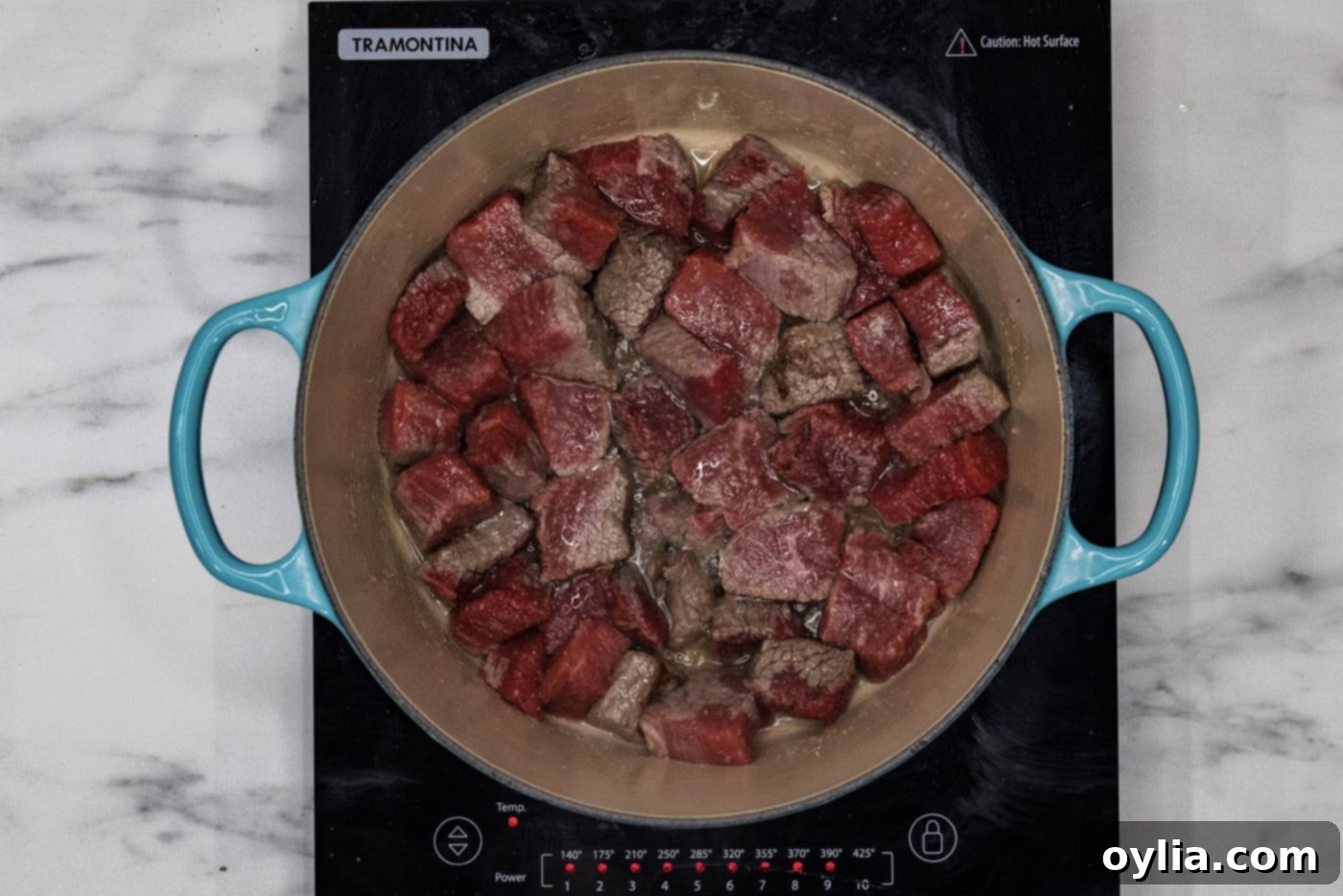 cubed beef short ribs searing in a dutch oven