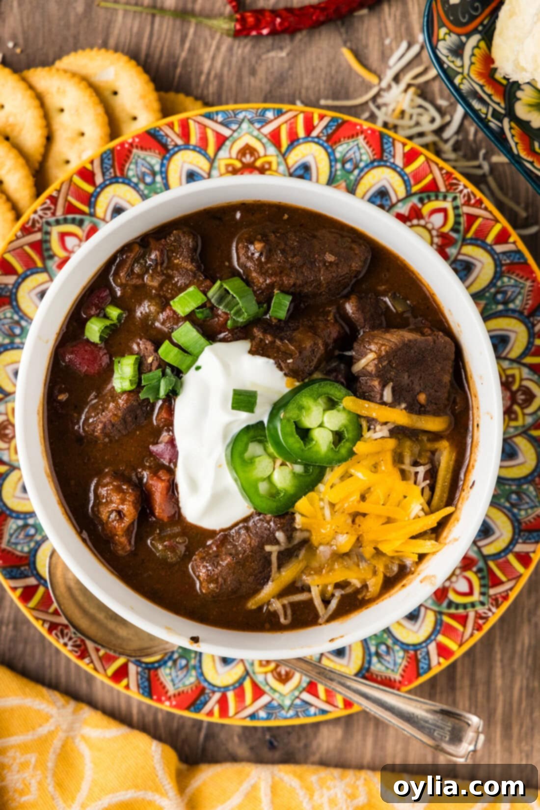 Hearty Short Rib Chili 10 Close up photo of a bowl of Short Rib Chili