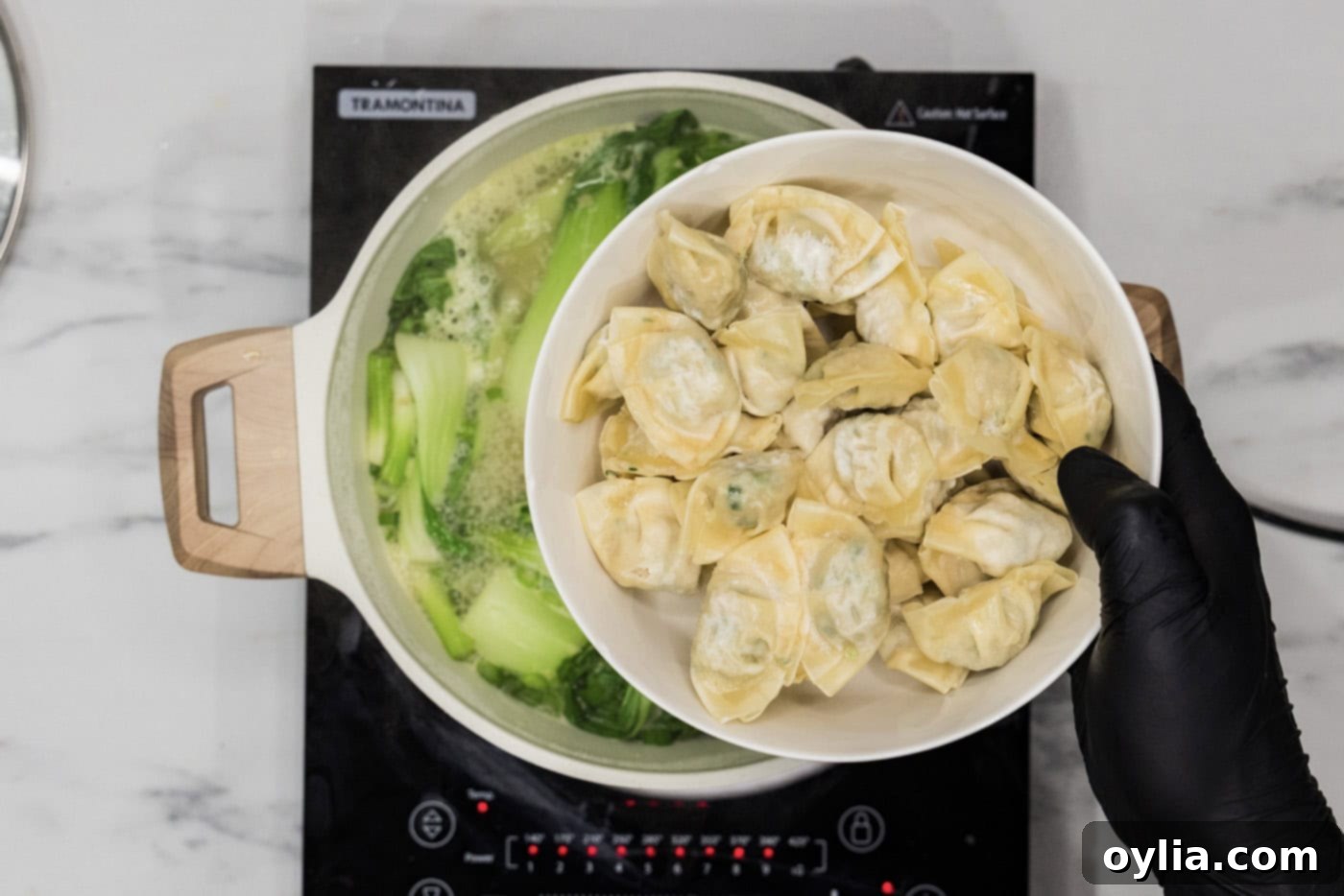adding frozen wontons to stockpot with baby bok choy and chicken broth mixture