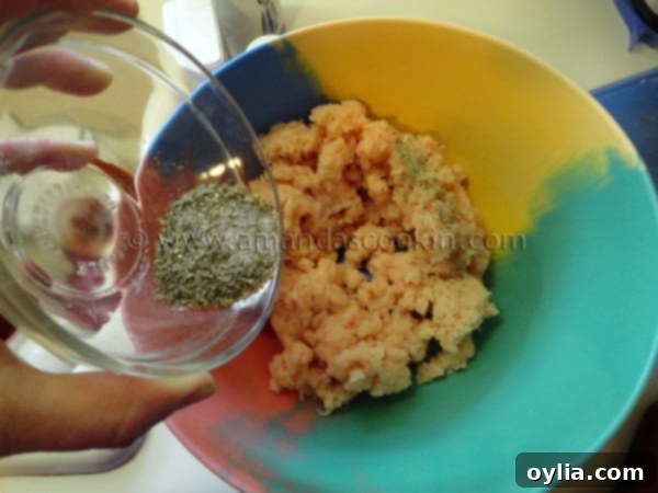 A hand sprinkling a mixture of salt, pepper, onion powder, oregano, and parsley over the finely ground raw chicken in a white bowl.