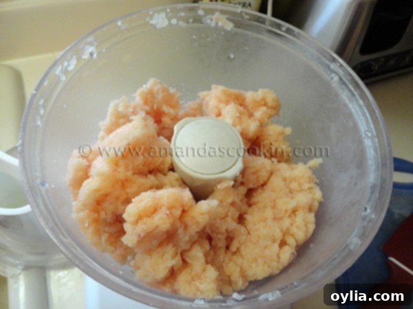 Finely processed raw chicken, resembling a smooth paste, collected in the bowl of a food processor.