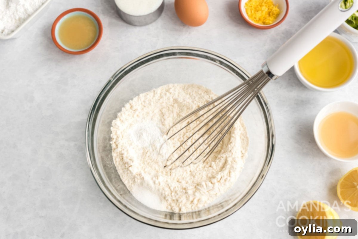 Bowl with flour, baking powder, and salt, whisked together